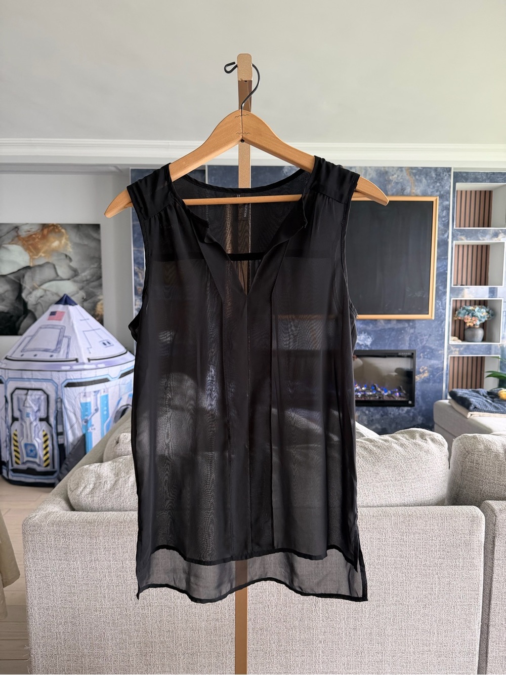 Maurices Womens Black Sheer Mesh Sleeveless Split V-Neck Blouse Top Small
